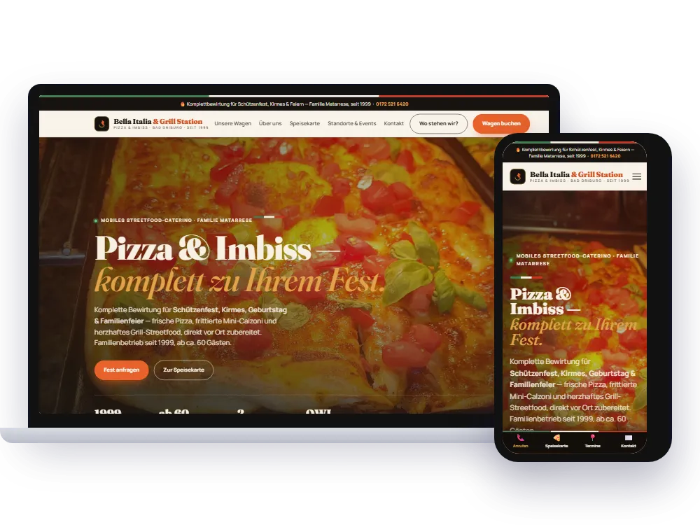 Website von Bella Italia & Grill Station auf Laptop und Smartphone